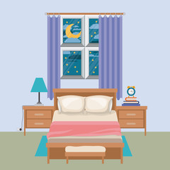color background of bedroom with window in the night landscape