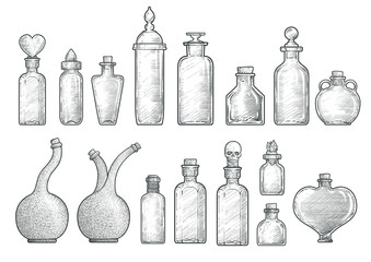 Potion, medicine bottle illustration, drawing, engraving, ink, line art, vector