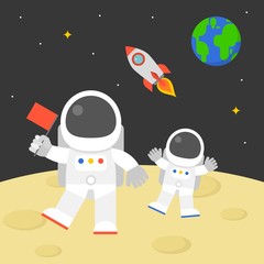 astronaut holding red flag walking on moon surface with flying rocket in space and earth globe background, flat design illustration vector