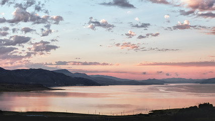 Obraz na płótnie Canvas View on the coast Bukhtarma reservoir on sunrise, Bukhtarma Reservoir, East Kazakhstan