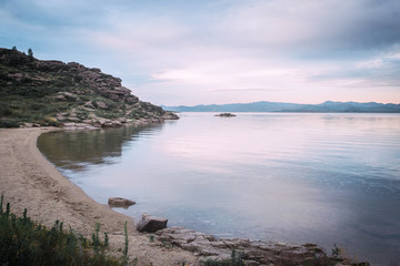 View on the beach Bukhtarma reservoir on sunset, Bukhtarma Reservoir, East Kazakhstan