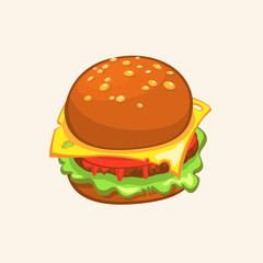 Cartoon Cheeseburger. Vector drawing of hamburger. Hamburger illustration. 