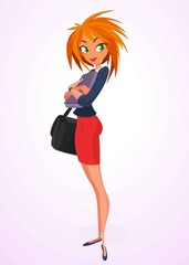 Business woman with a folder for papers vector illustration. Red hair lovely girl cartoon in red dress and blue shitr holding bag. Lady boss cartoon