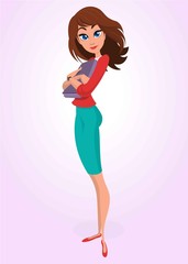 Business woman or teacher character with folder for papers posing. Vector. Cartoon woman in blue dress and red shirt. Character isolated
