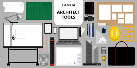 Big set of isolated architect tools. Working and design stuff. Vector illustration.