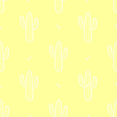 Cactus in white outline on pastel yellow background. Seamless pattern vector illustration.