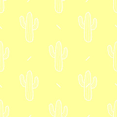 Fototapeta premium Cactus in white outline on pastel yellow background. Seamless pattern vector illustration.