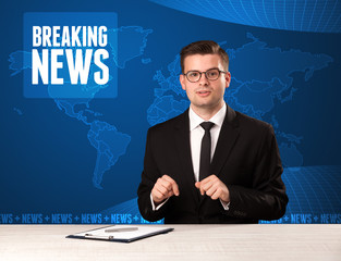 Television presenter in front telling breaking news with blue modern background