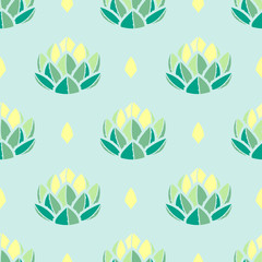 Pastel green and yellow succulents on pastel blue background. Seamless pattern vector illustration.