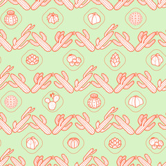 Horizontal striped of red outline cactus and succulents on pastel green background. Seamless pattern vector illustration.