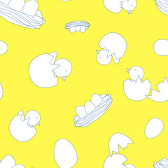 Newborn little birds with eggs on yellow background. Seamless pattern vector illustration.