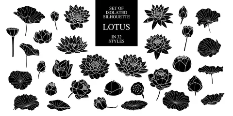 Foto op Canvas Set of isolated silhouette lotus in 32 styles. Vector illustration. © Plawarn