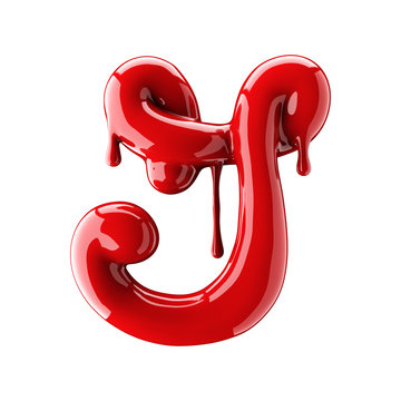 Leaky red alphabet isolated on white background. Handwritten cursive letter J.