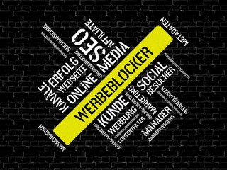 Fototapeta premium WERBEBLOCKER - Bilder mit Wörtern aus dem Bereich Onlinemarketing, Wort, Bild, Illustration