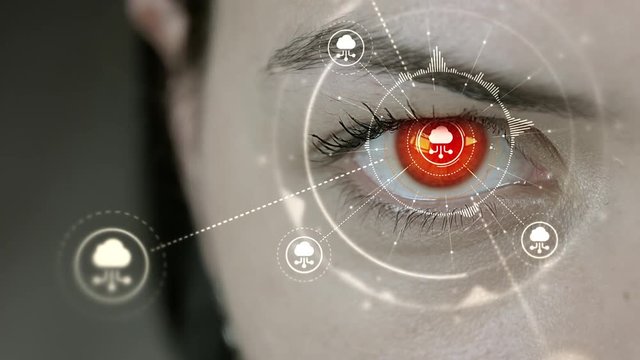 Young cyborg female blinks then cloud computing symbols appears. 4K+ 3D animation concept.