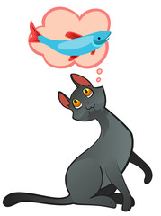 Illustration of a Cute Gray Cat Dreaming of Fish