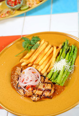 Grilled steak, French fries