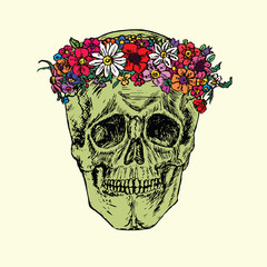 Skull in wreath of wildflowers, daisies and poppies, hand drawn doodle, sketch in woodcut style, color vector illustration