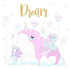 Cute unicorn on a beautiful background with an inscription. Vector illustration.