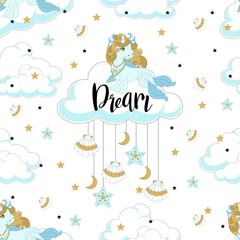 Seamless pattern with cute unicorn. Beautiful background. Vector illustration.