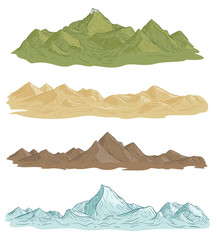 Hand drawn colorful cartoon mountains sketch in engraving style. Vector illustration.
