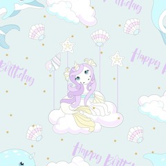 Seamless pattern with cute unicorn. Beautiful background with clouds. Vector illustration.
