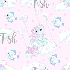 Seamless pattern with cute unicorn. Beautiful background with clouds. Vector illustration.