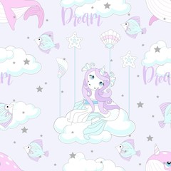 Fototapeta premium Seamless pattern with cute unicorn. Beautiful background with clouds. Vector illustration.