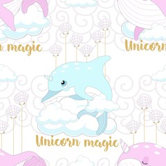 Seamless pattern with cute unicorn. Beautiful background with clouds. Vector illustration.