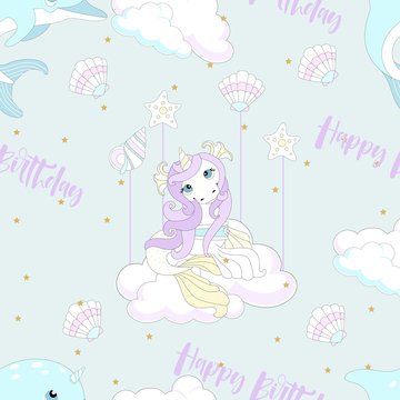 Seamless pattern with cute unicorn. Beautiful background with clouds. Vector illustration. © Natalia