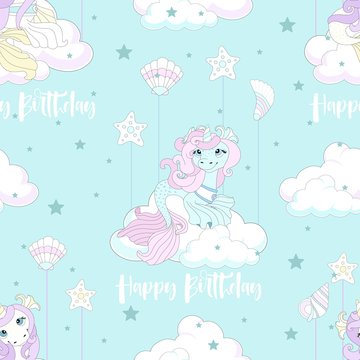 Seamless pattern with cute unicorn. Beautiful background with clouds. Vector illustration. © Natalia