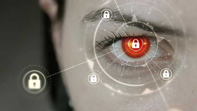 Young cyborg female blinks then security lock symbols appears. 4K+ 3D animation concept.