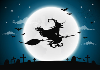 Halloween night background with witch and full moon.Vector illustration.