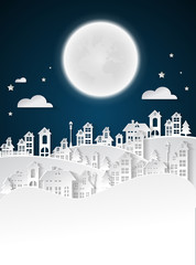 paper art Winter Snow Urban Countryside Landscape City Village with full moon nighttime