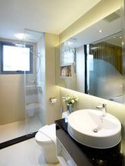  Clean bathroom with shower, sink and mirror