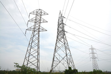 Electrical power lines transmitting electricity in Chennai City, India.