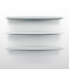 Three empty white shelves with light on white background. Vector realistic 3d illustration.
