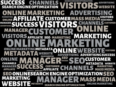 ONLINE MARKETING - image with words associated with the topic ONLINE MARKETING, word, image, illustration
