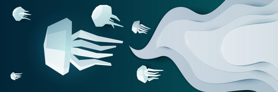 Paper cut cartoon jellyfish on water in polygonal trendy craft style. Modern origami design. Concept nature background for poster, greeting card, banner or other branding. Vector illustration.