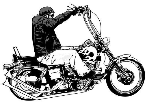 Rider On Chopper - Black and White Hand Drawn Illustration, Vector