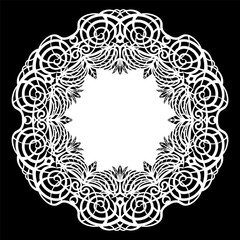 Lace round paper doily, lacy snowflake, greeting element, laser cut  template, doily to decorate the cake,  vector illustrations.