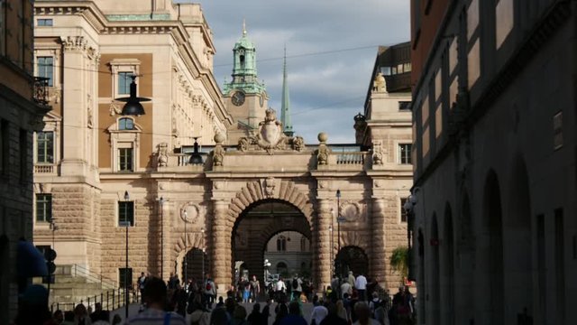 Crowd at Riksplan square and Riksbron bridge in Stockholm Sweden