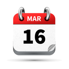 Bright realistic icon of calendar with 16 march date isolated on white