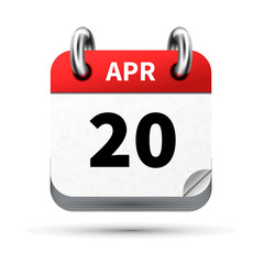 Bright realistic icon of calendar with 20 april date isolated on white
