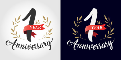 1 year anniversary number hand lettering and golden laurel wreath. Handmade calligraphy, Vintage style