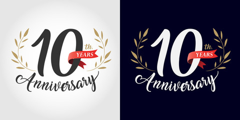 10 years anniversary number hand lettering and golden laurel wreath. Handmade calligraphy, Vintage style