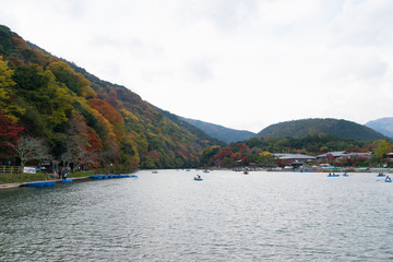 Mountain forest in autumn,Katsura River in the Arashiyama area of Kyoto, Twilight scene, Japan in autumn