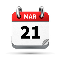 Bright realistic icon of calendar with 21 march date isolated on white