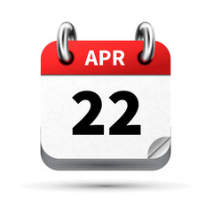 Bright realistic icon of calendar with 22 april date isolated on white