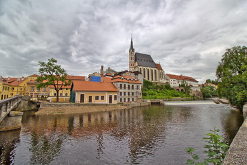 Panoramic view over Cesky Krumlov with Moldau river, Czech Republic